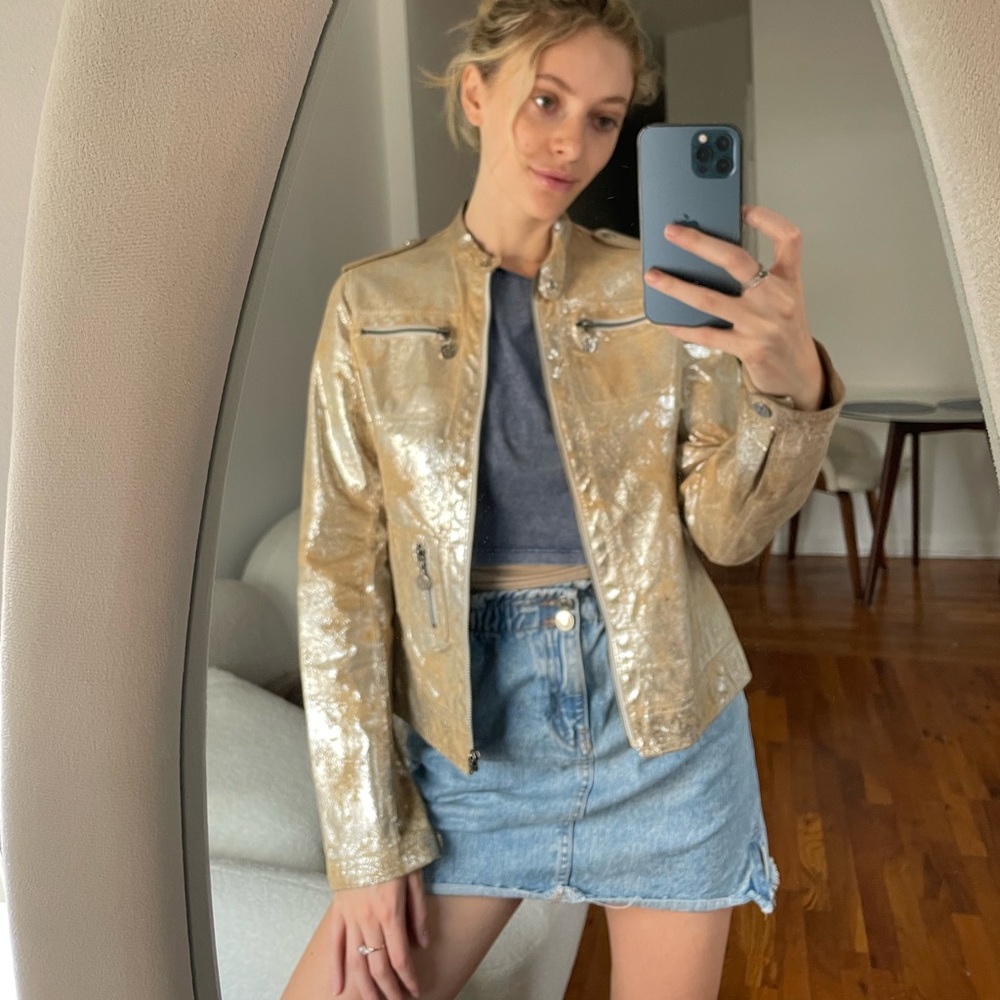 Tory Burch distressed gold leather jacket